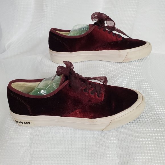 J.Crew SeaVees Womens Sz 8.5 Sneakers Legend Burgundy Velvet Sheer Ribbon Laces - Picture 2 of 9